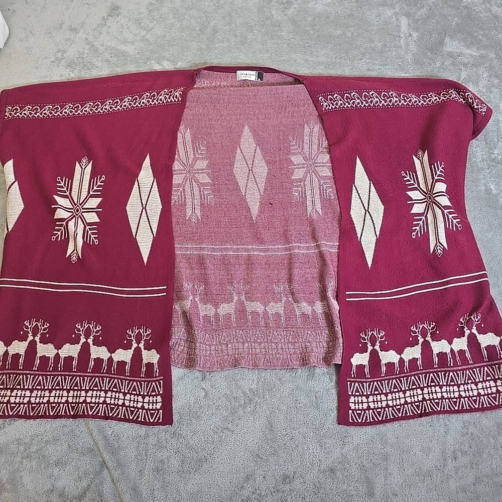 Jon & Anna Sweater Womens 1X Red‎ Open Front Cardigan Poncho Reindeer Nordic